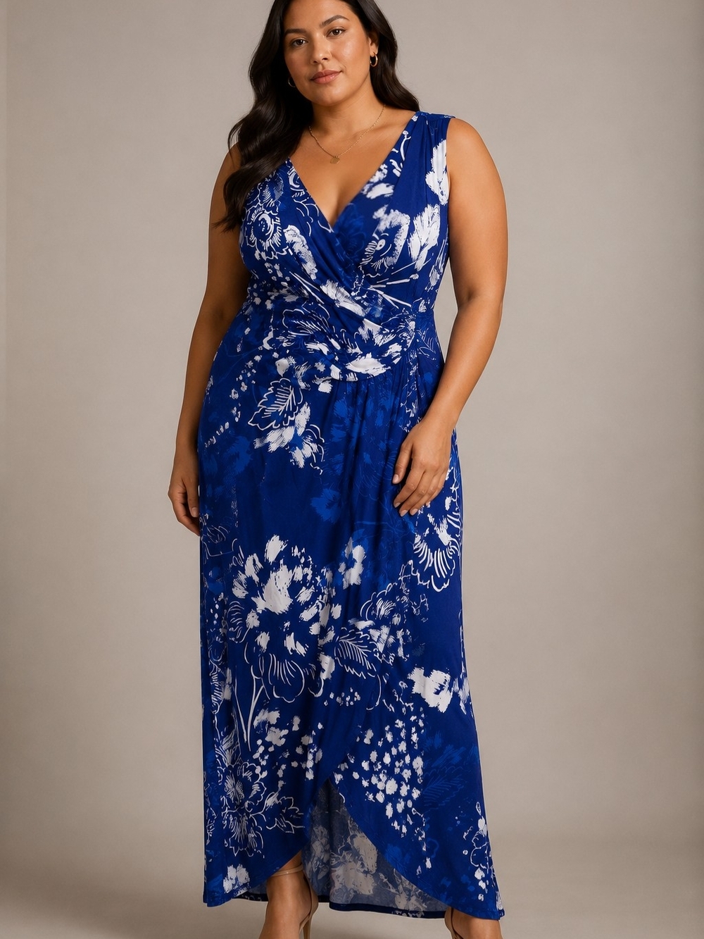 Tommy Bahama XL Blue White Floral Faux Wrap Sleeveless Maxi Dress Resort